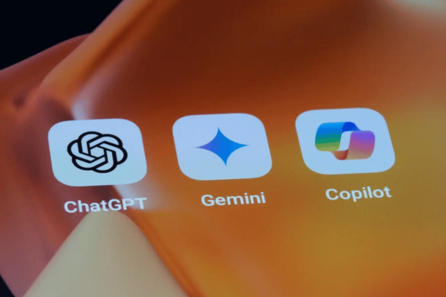 Three AI icons including ChatGPT, Google Gemini, and Microsoft Co-Pilot